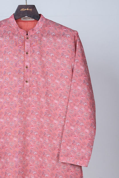 Orly coral cotton blend kurta with all-over traditional floral print and mandarin collar. Ideal for festive occasions.