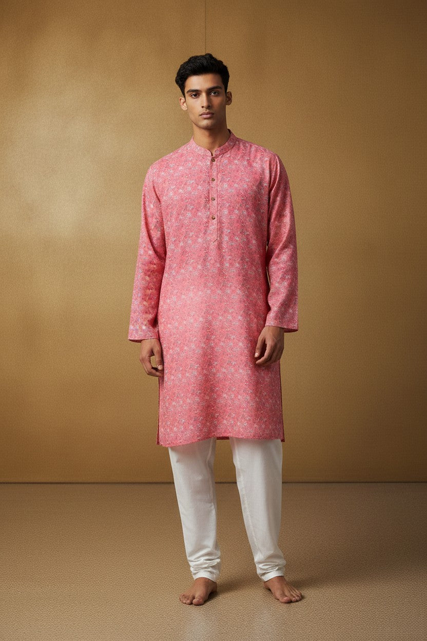 Orly coral cotton blend kurta with all-over traditional floral print and mandarin collar. Designed for festive wear.