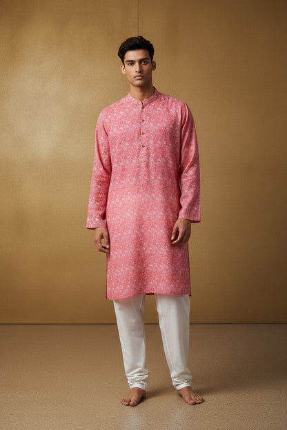 Orly coral cotton blend kurta with all-over traditional floral print and mandarin collar. Designed for festive wear.