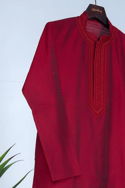 Orly deep red cotton silk jacquard kurta with tonal hand embroidery on neckline and placket. Festive wear.