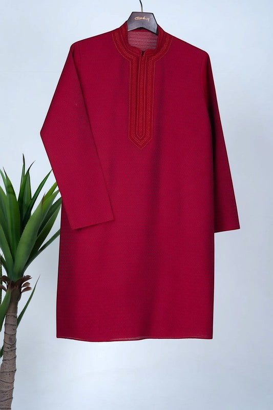 Orly deep red cotton silk jacquard kurta with hand-embroidered neckline and placket, woven motifs. Ideal for festivities.