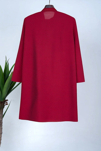 Orly deep red cotton silk jacquard kurta with woven motifs and hand embroidery on neckline.