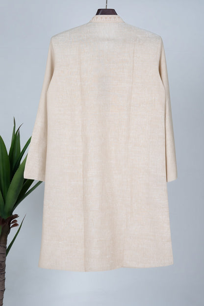 Orly ivory linen blend kurta with intricate hand embroidery on neckline and placket, paired with off-white pyjama.