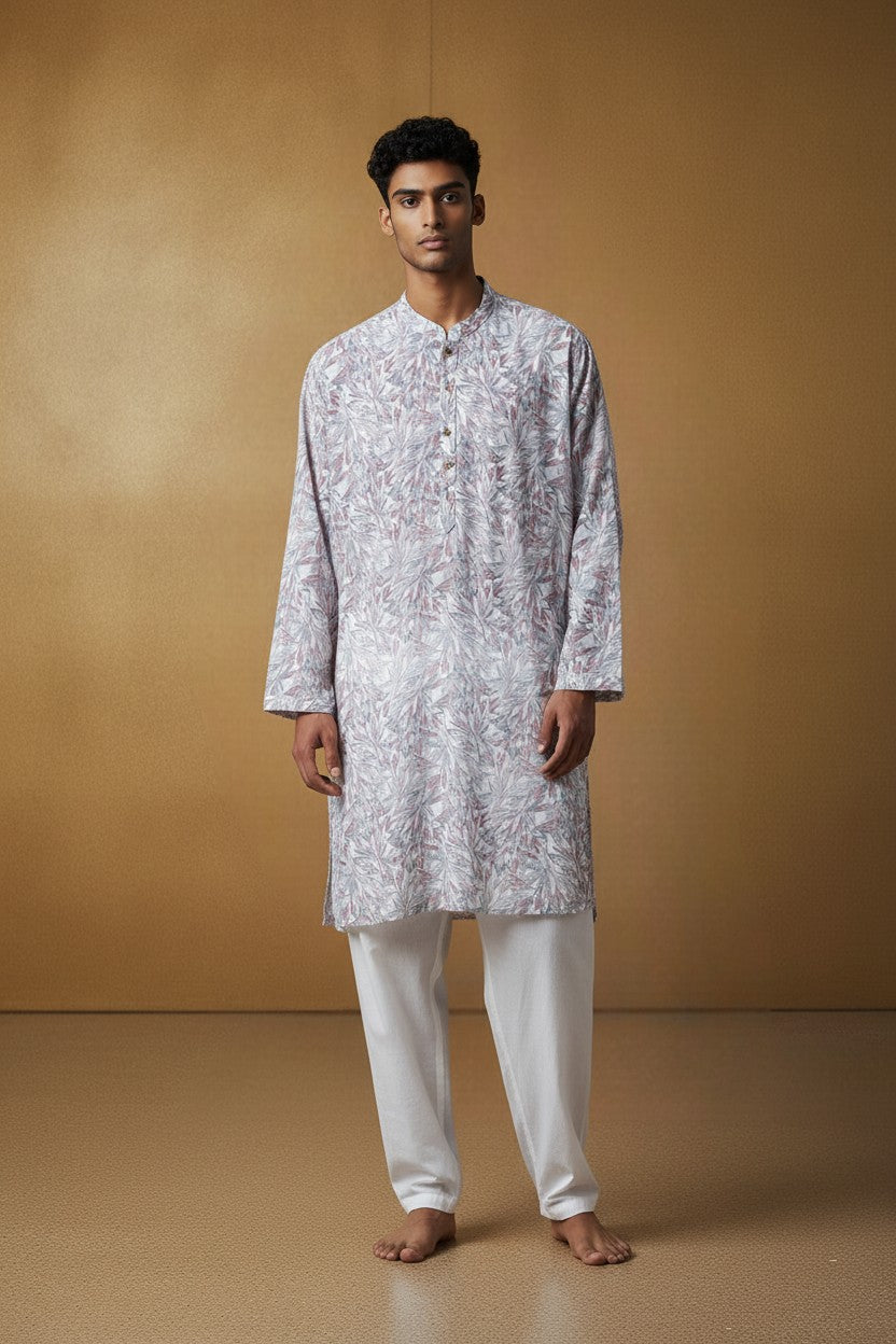 Orly ivory kurta with all-over mauve and sage leaf print, contrast placket, and band collar. Ideal for festive wear.