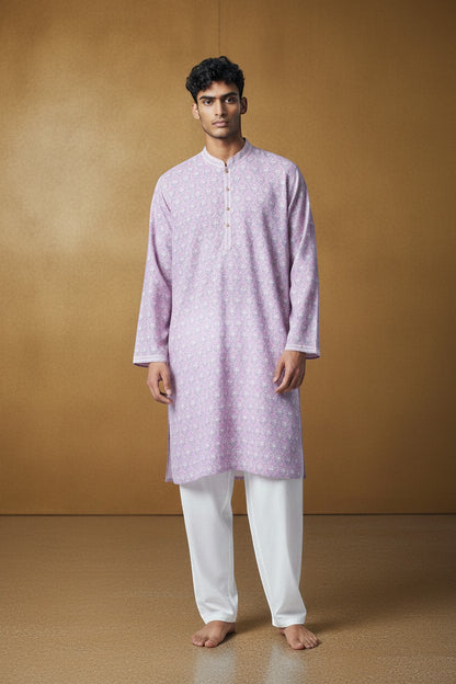 Orly lilac floral print kurta with sequin accents and contrast detailing on collar and cuffs. Paired with white pyjama.