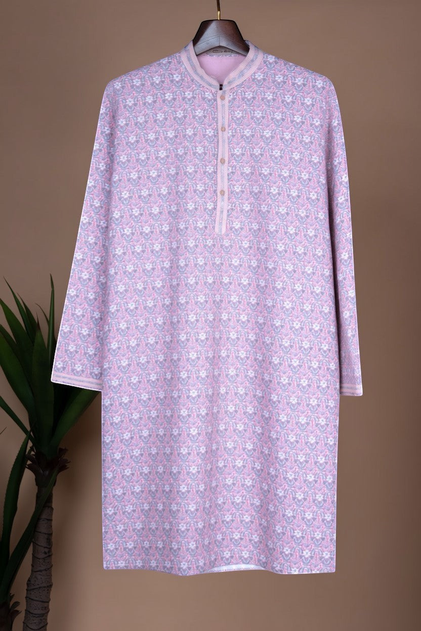 Orly lilac floral print kurta with sequin accents, contrast collar and cuffs, designed for festive occasions.
