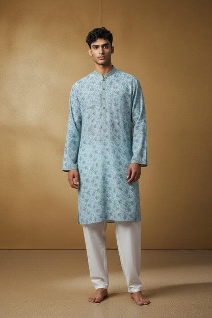 Orly pastel mint green floral print kurta with sequin accents and textured placket detailing.