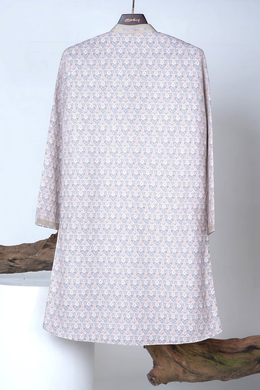 Orly mist pink kurta with all-over floral print and sequin highlights. Features contrast collar and placket detail.