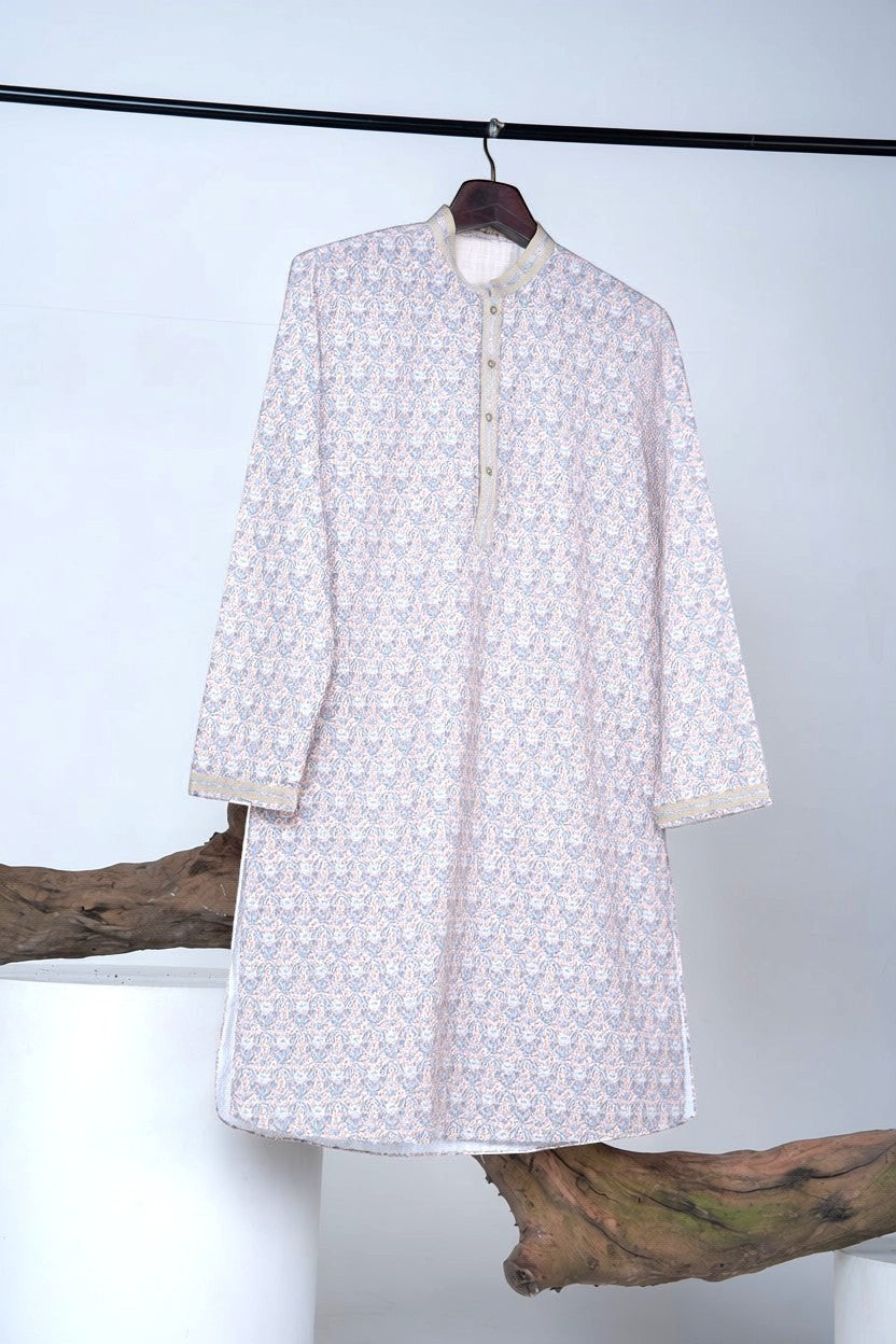 Orly mist pink floral print kurta with sequin highlights and contrast detailing on collar and placket.