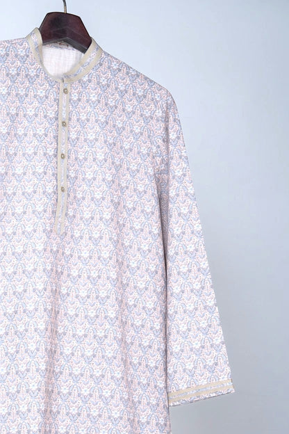 Orly mist pink floral print kurta with sequin highlights and contrast detailing on collar and placket.