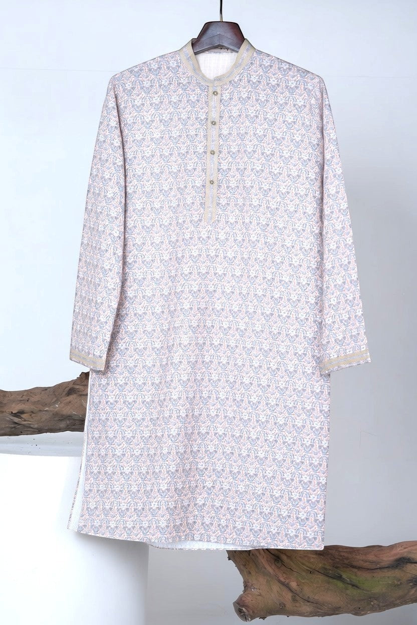 Orly mist pink floral print kurta with sequin highlights and contrast detailing on collar and placket.
