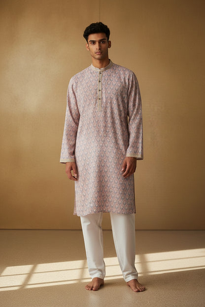 Orly mist pink kurta with all-over floral print and sequin highlights. Features contrast detailing on collar and placket.