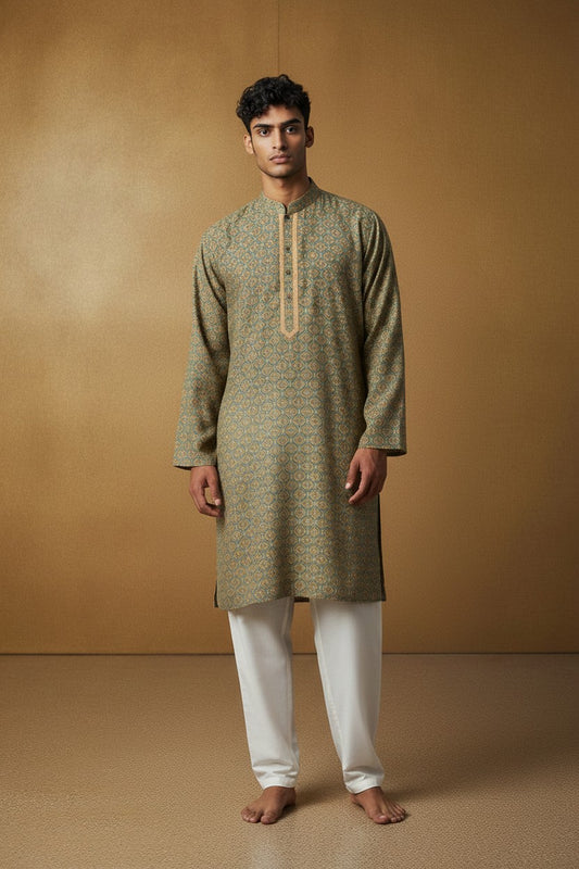 Orly olive green cotton silk blend kurta with geometric print and mustard lattice motifs. Ideal for festive wear.