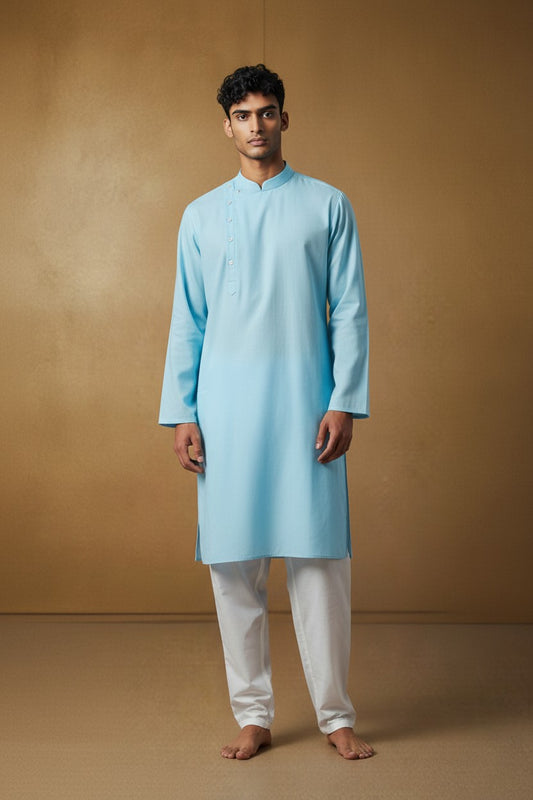 Orly powder blue cotton blend Angrakha kurta with asymmetrical neckline and side button detailing, perfect for festive occasions.