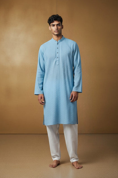 Orly powder blue cotton blend kurta with subtle linear embroidery and button placket. Ideal for cultural events.