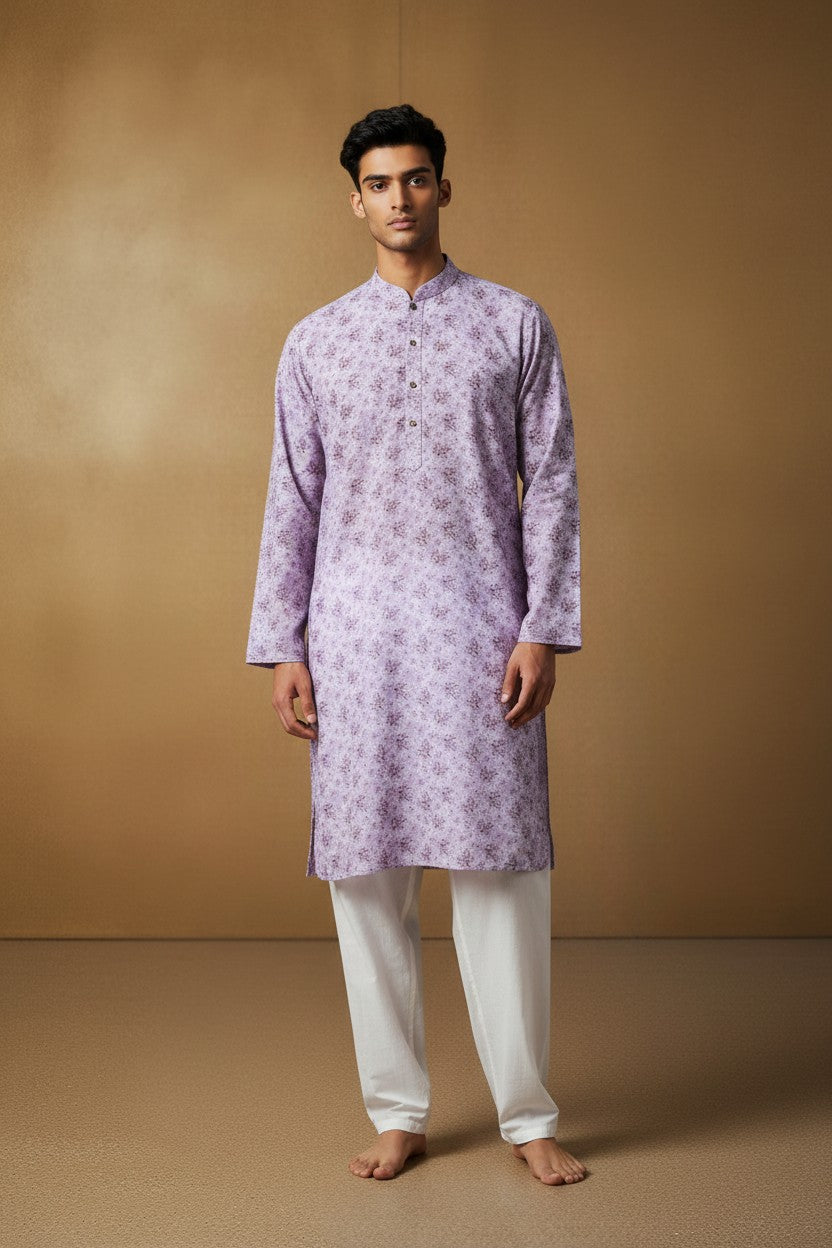 Orly purple floral print kurta with sequin accents and contrast placket detailing. Designed for festive occasions.