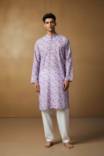 Orly purple floral print kurta with sequin accents and contrast placket detailing. Designed for festive occasions.