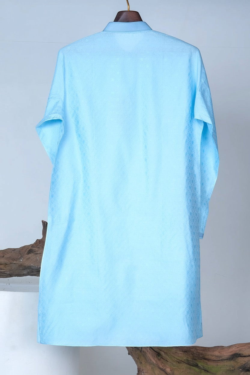 Orly sky blue jacquard kurta with subtle vine motifs, band collar, and contrast placket. Ideal for summer festivities.