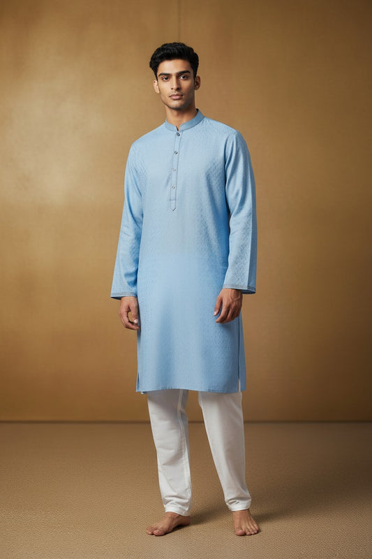 Orly sky blue jacquard kurta with subtle vine motifs, band collar, and contrast placket. Ideal for summer festivities.