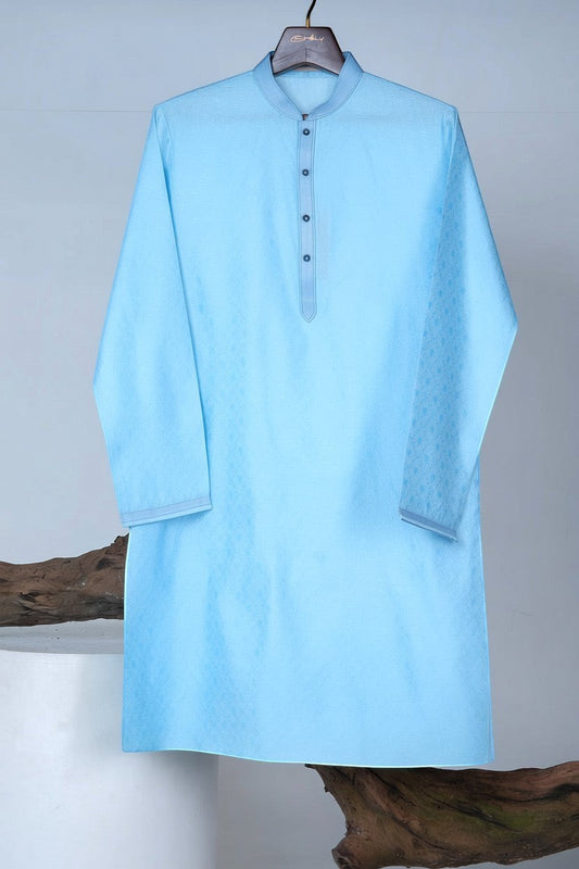 Orly sky blue jacquard kurta with subtle vine motifs, band collar, and contrast placket. Ideal for summer festivities.