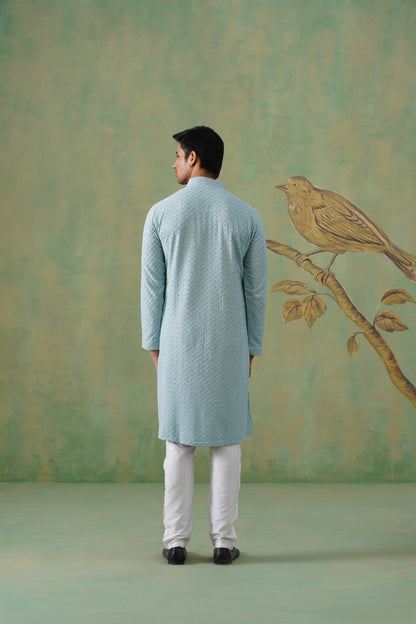 Pastel Blue Embroidered Cotton Kurta Set