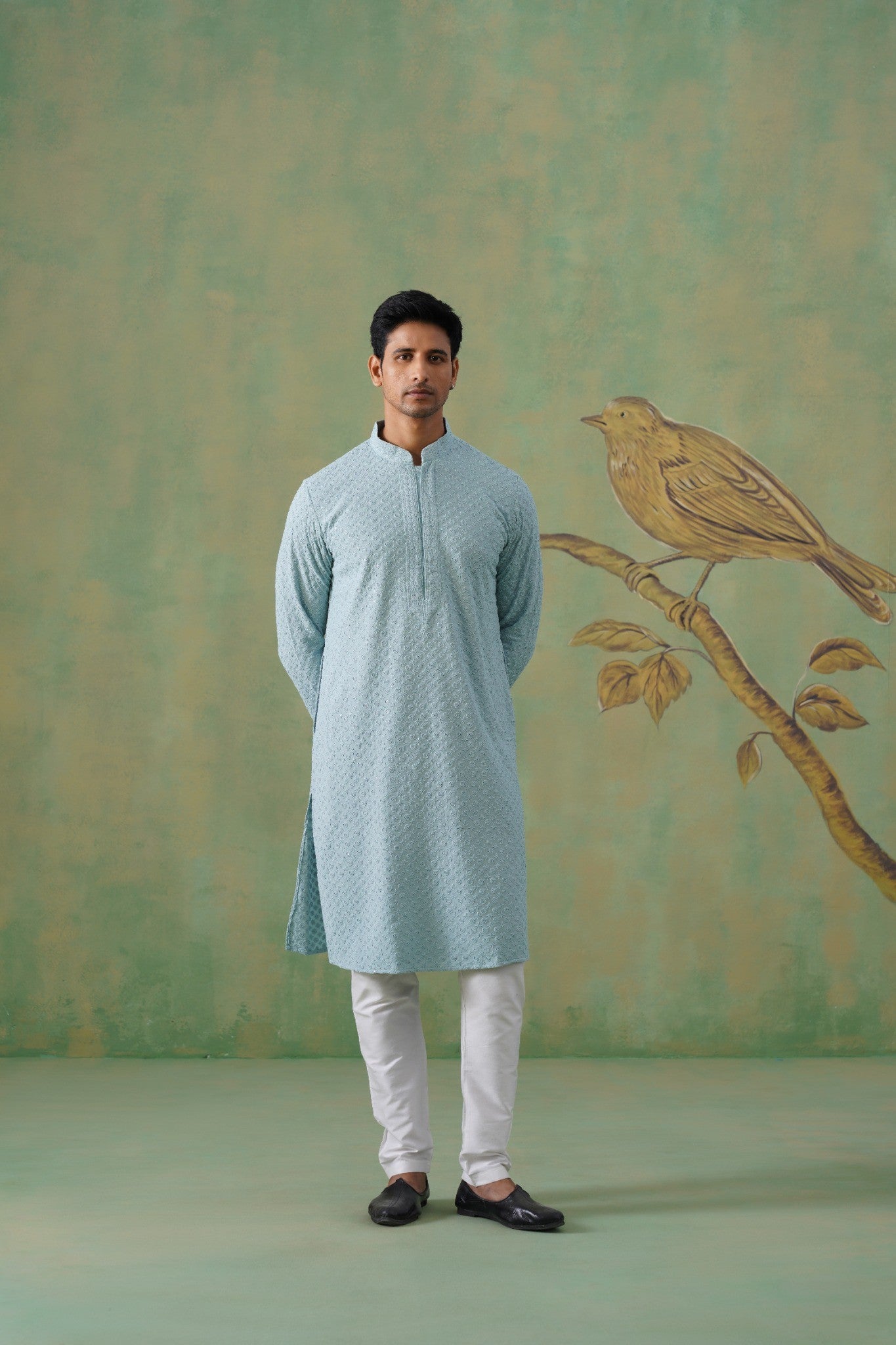 Pastel Blue Embroidered Cotton Kurta Set