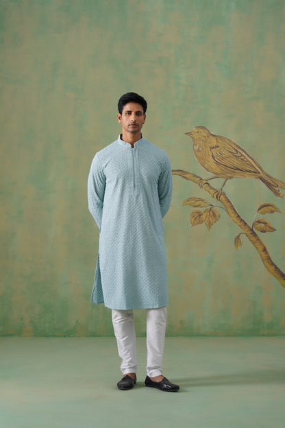 Pastel Blue Embroidered Cotton Kurta Set