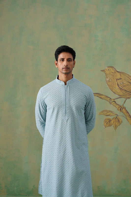 Pastel Blue Embroidered Cotton Kurta Set