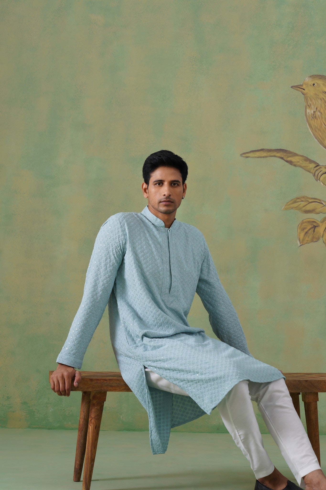 Pastel Blue Embroidered Cotton Kurta Set