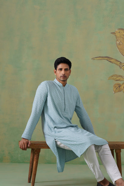 Pastel Blue Embroidered Cotton Kurta Set