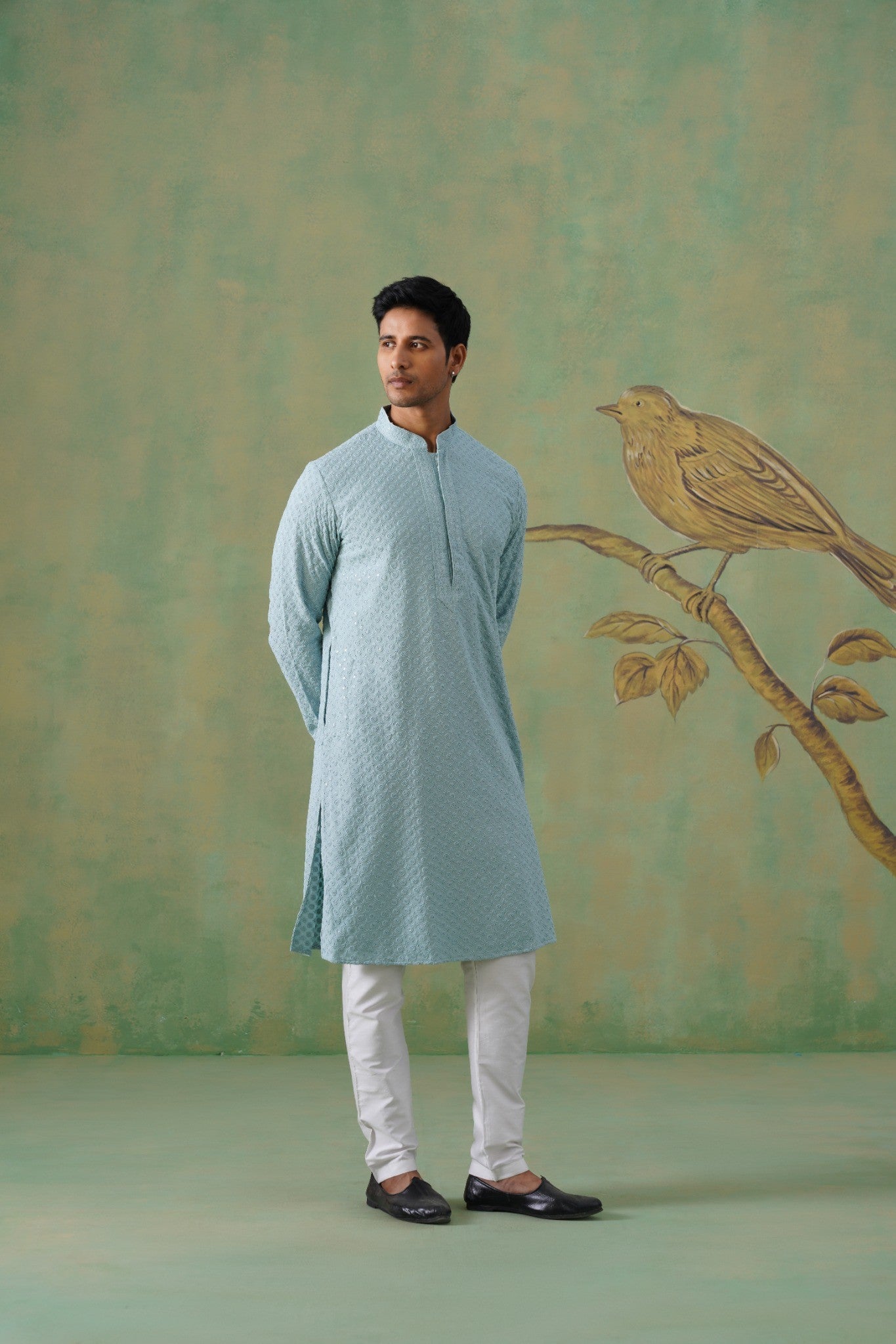 Pastel Blue Embroidered Cotton Kurta Set