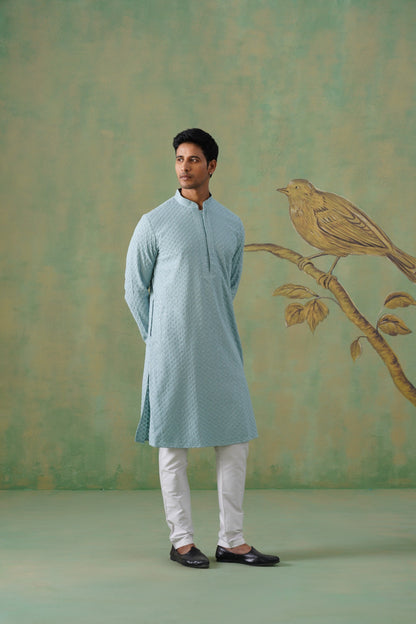 Pastel Blue Embroidered Cotton Kurta Set