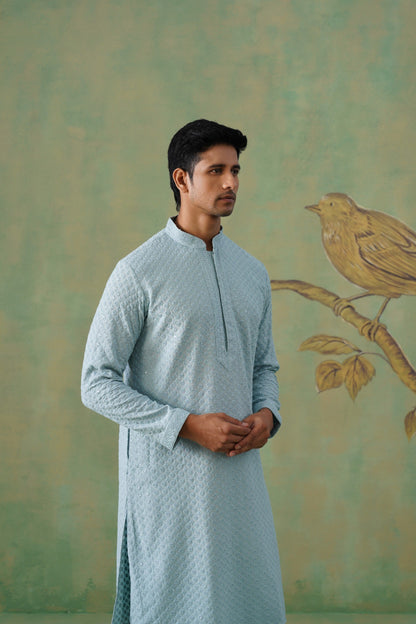 Pastel Blue Embroidered Cotton Kurta Set