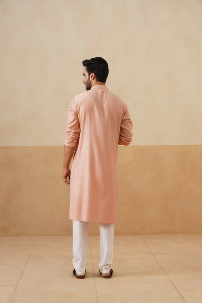 Peach Kurta with Contrast Coral Placket