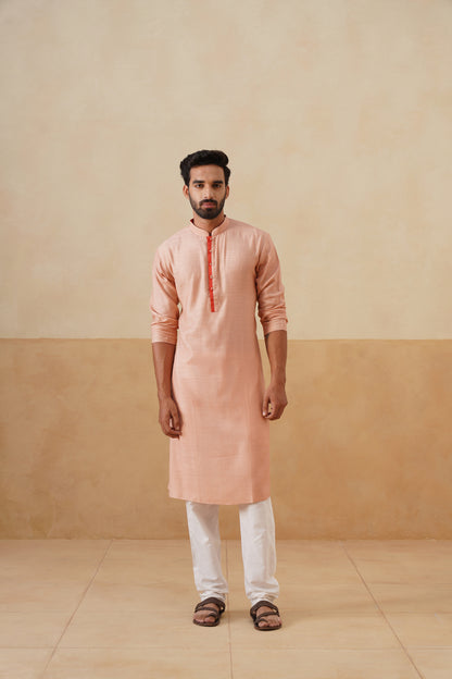 Peach Kurta with Contrast Coral Placket