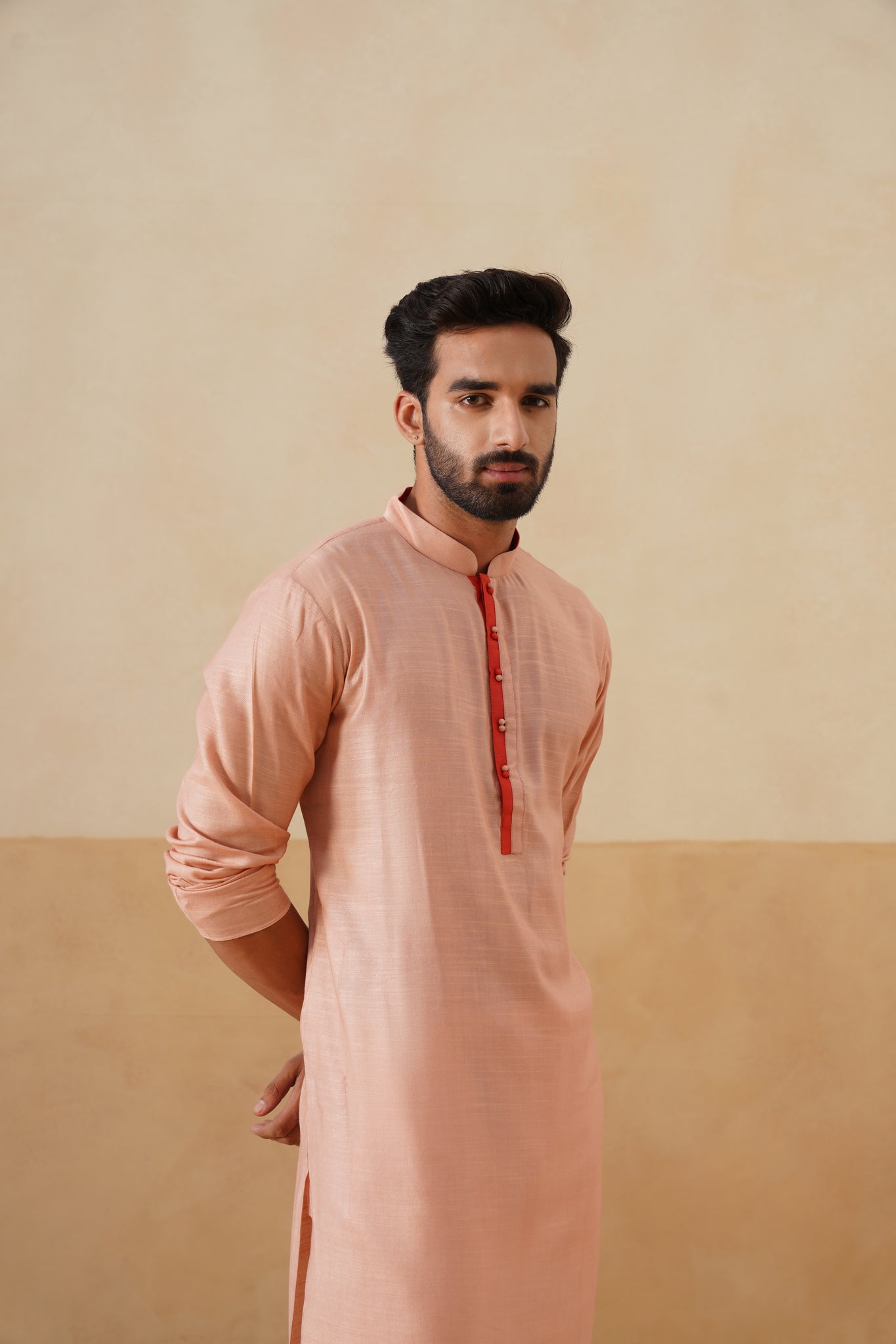 Peach Kurta with Contrast Coral Placket