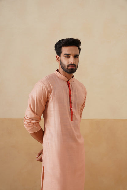 Peach Kurta with Contrast Coral Placket