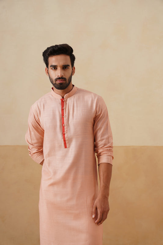 Peach Kurta with Contrast Coral Placket