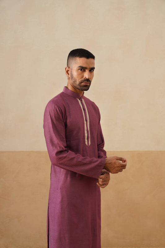 Plum Kurta with Contrast Beige Placket
