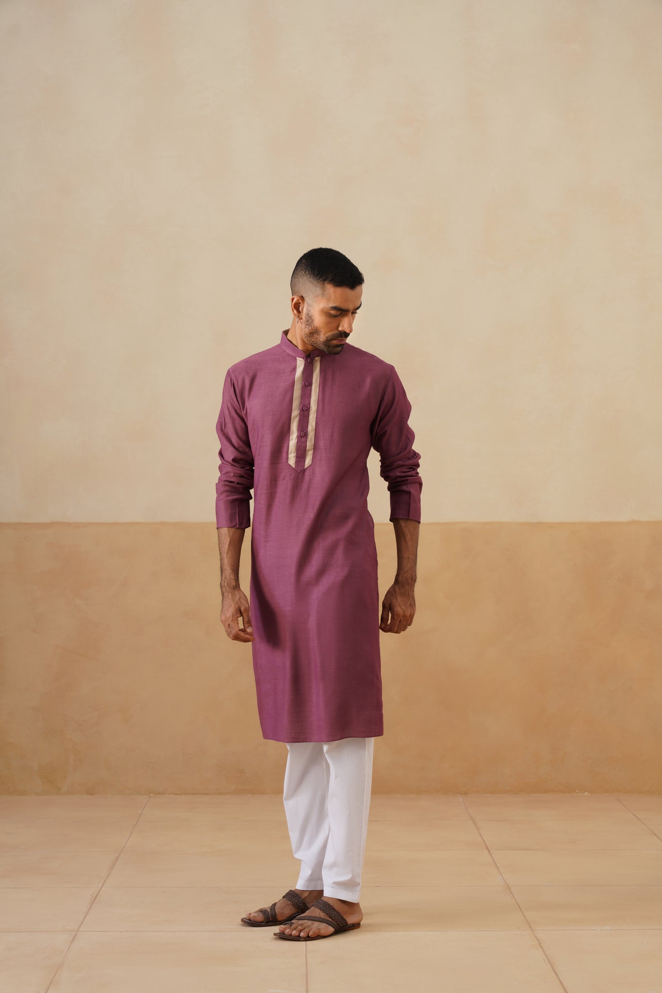 Plum Kurta with Contrast Beige Placket