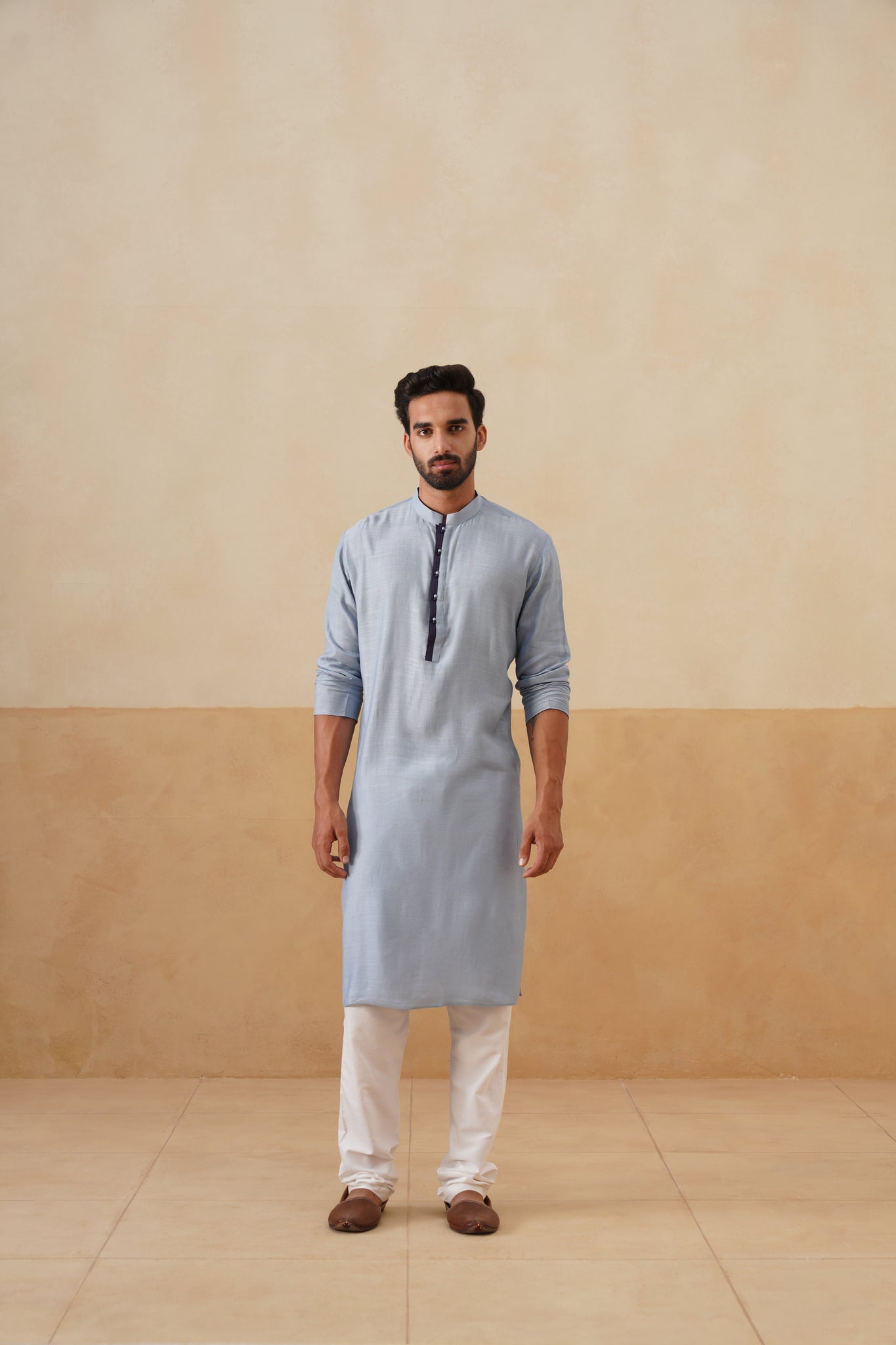 Powder Blue Contrast Placket Kurta