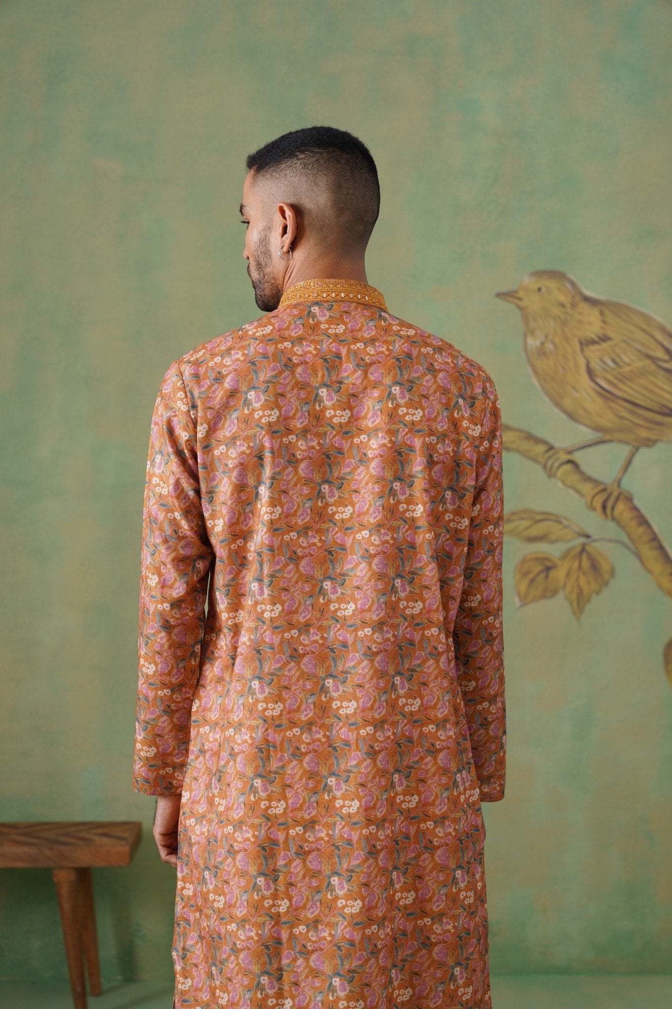 Rust Floral Printed Kurta Set with Mirror Embroidery