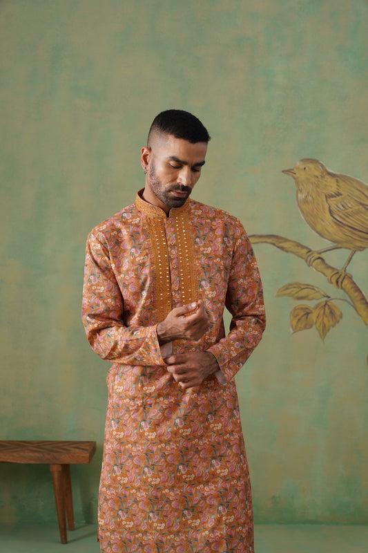 Rust Floral Printed Kurta Set with Mirror Embroidery