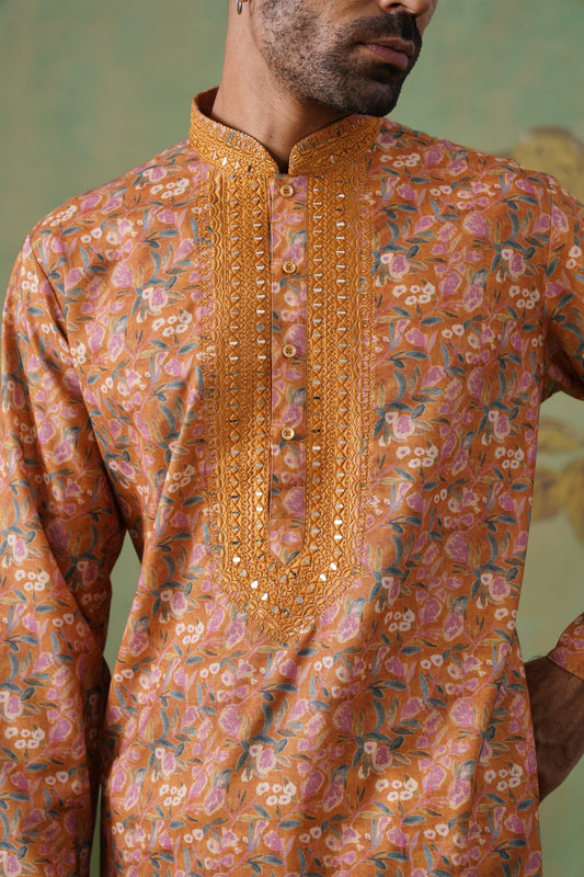 Rust Floral Printed Kurta Set with Mirror Embroidery