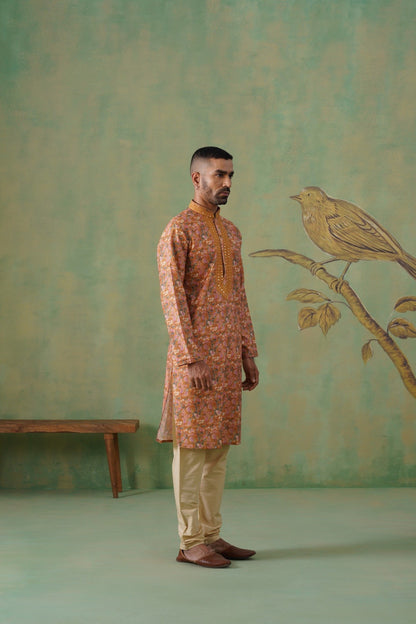 Rust Floral Printed Kurta Set with Mirror Embroidery