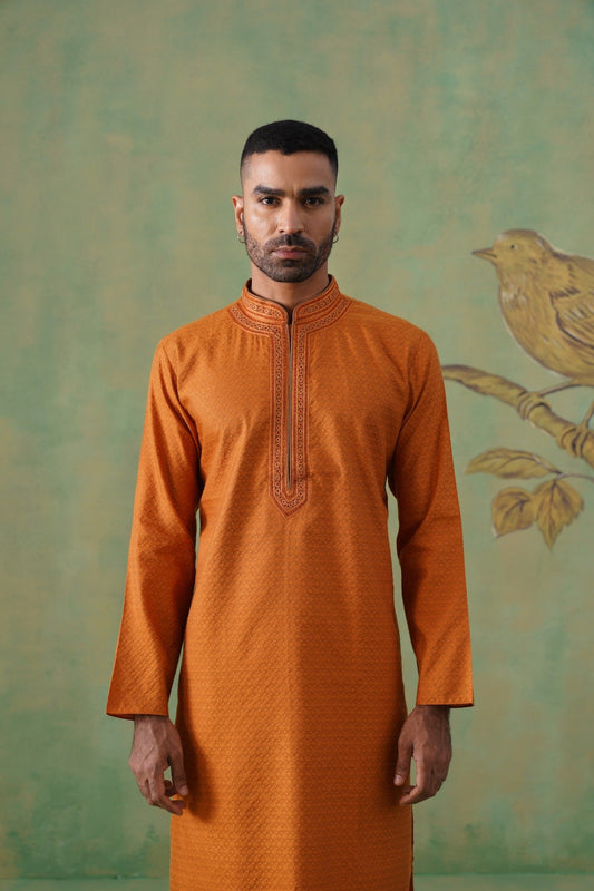 Rust Jacquard Hand Embroidered Kurta Set
