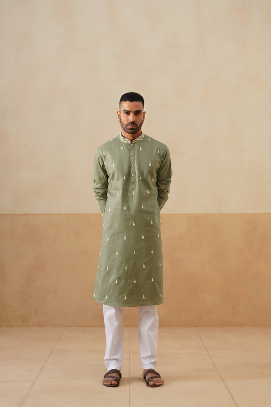 Sage Green Hand Embroidered Kurta Set