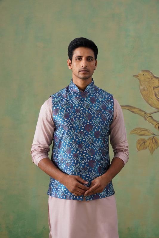 Indigo Blue Ikat Printed Short Jacket