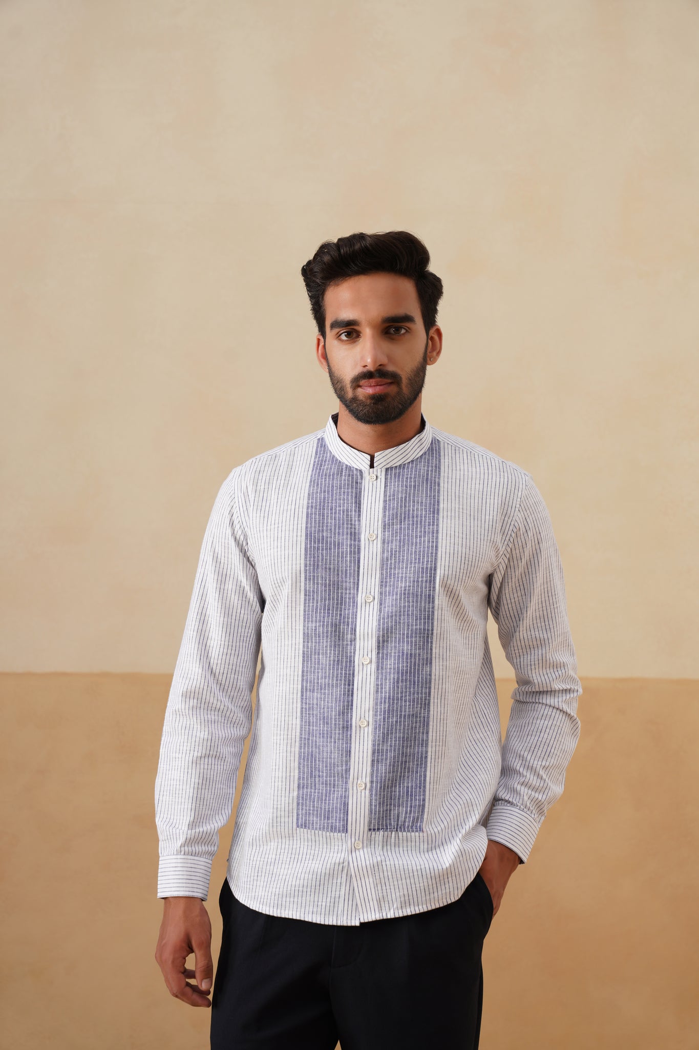 White and Blue Panel Ethnic Shirt