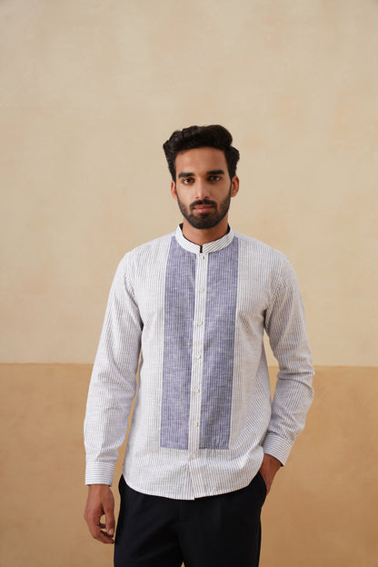 White and Blue Panel Ethnic Shirt